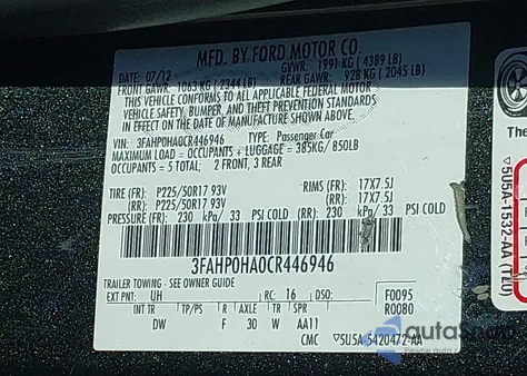 2012 Ford Fusion Se z USA, uszkodzony, nr VIN 3FAHP0HA0CR446946
